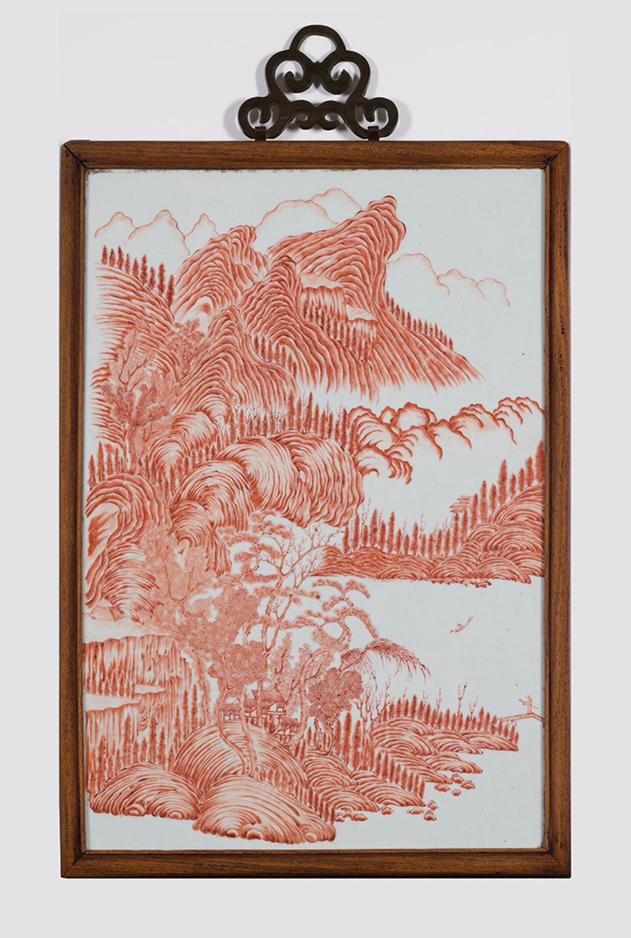 Chinese Art - A Chinese Iron Red Porcelain Landscape Panel, Early 20th Century