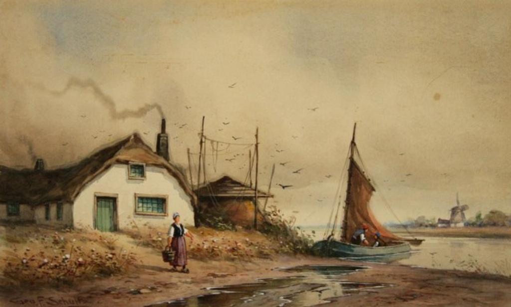 George F. Schultz (1869-1934) - Dutch Village, watercolour,