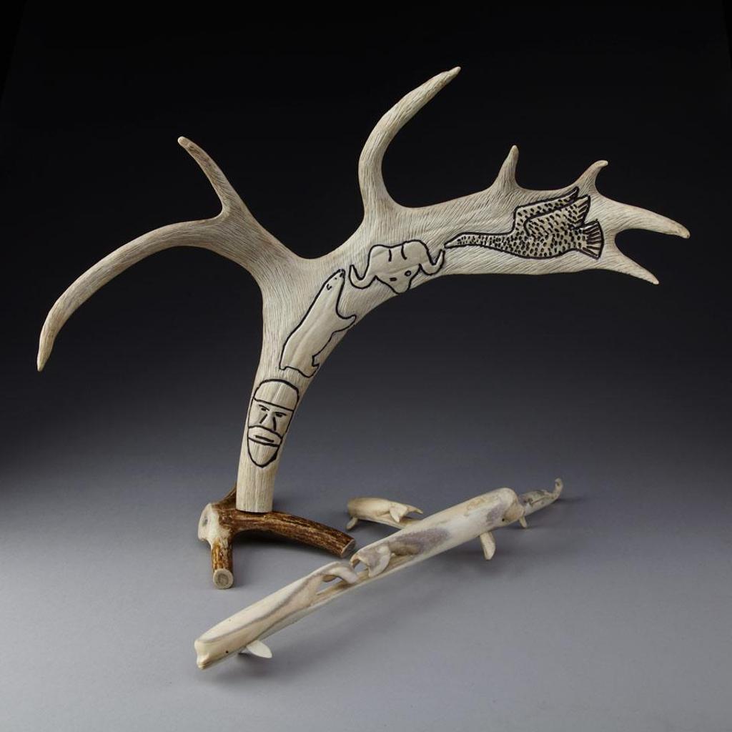 Mosa Arnakak (1978) - Whales; Antler On Base With Animal And Face Detail
