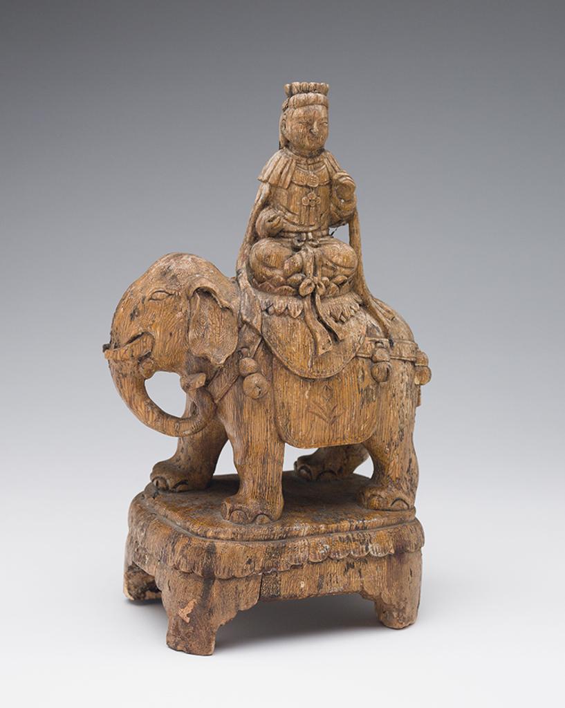 Chinese Art - A Chinese Wood Carved Seated Figure of Samantabhadra