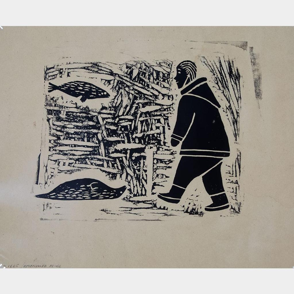 Atungauyak Eeseemailee (1923-1989) - Untitled (Man And Seals; Interior Scene)