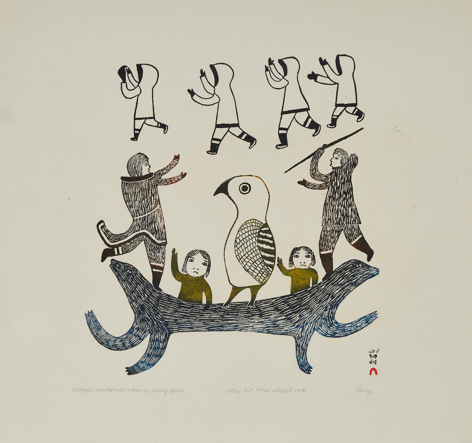 Lucy Qinnuayuak (1915-1982) - Villagers Excited Over Return Of Spring Geese