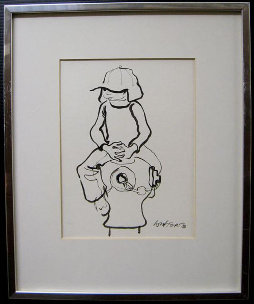 William Arthur Winter (1909-1996) - Boy On A Hydrante Ink Sketch; Signed And Dated ‘73 Lower Right; Titled To Gallery Label Verso