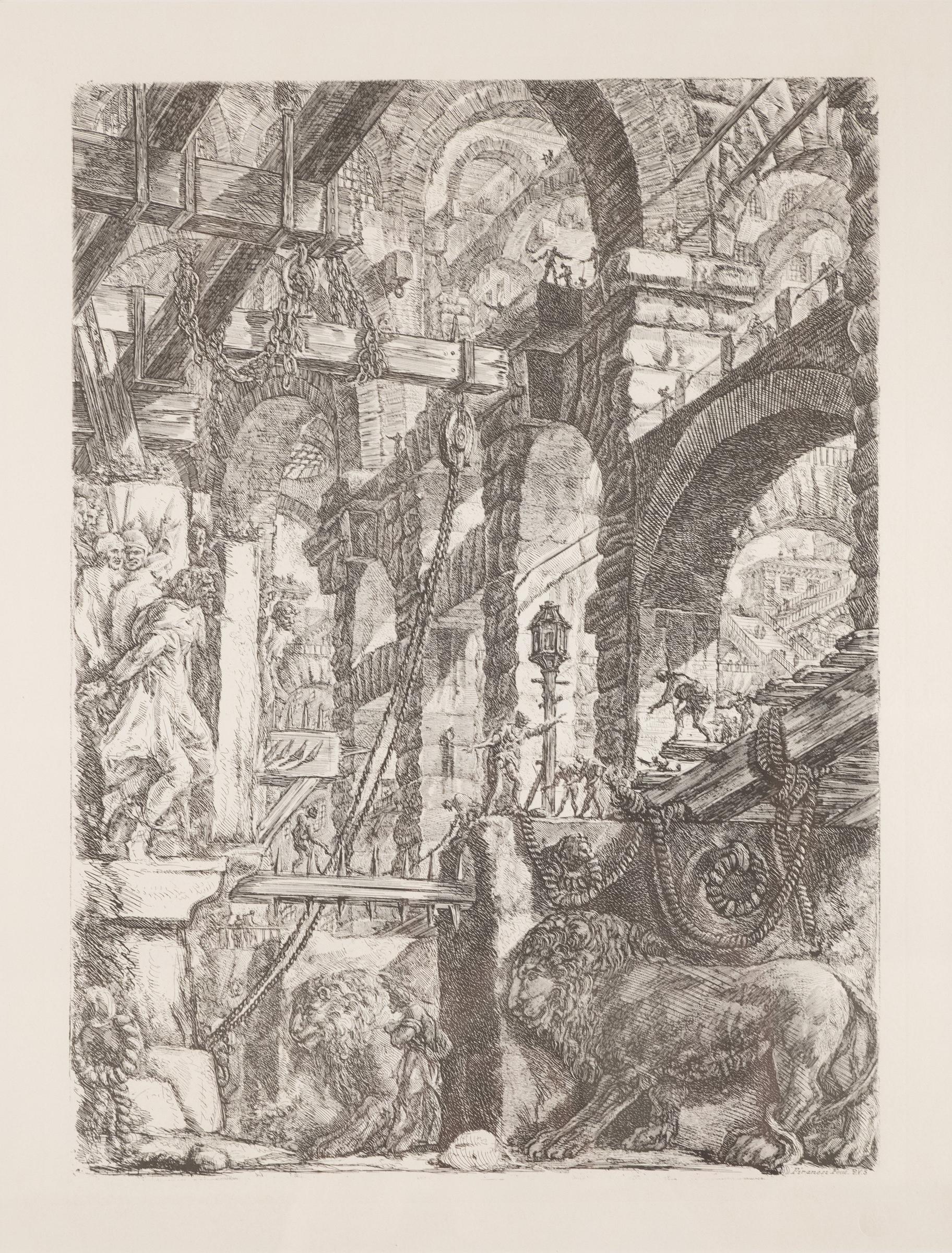 Giovanni Battista Piranesi (1720-1778) - A PERSPECTIVE OF ROMAN ARCHES WITH TWO LIONS CARVED IN RELIEF ON STONE SLABS IN THE FOREGROUND