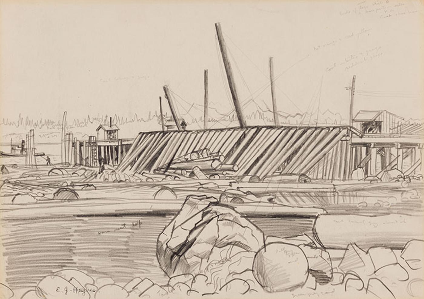 Edward John (E. J.) Hughes (1913-2007) - A Log Dump at Royston, Comox Harbour