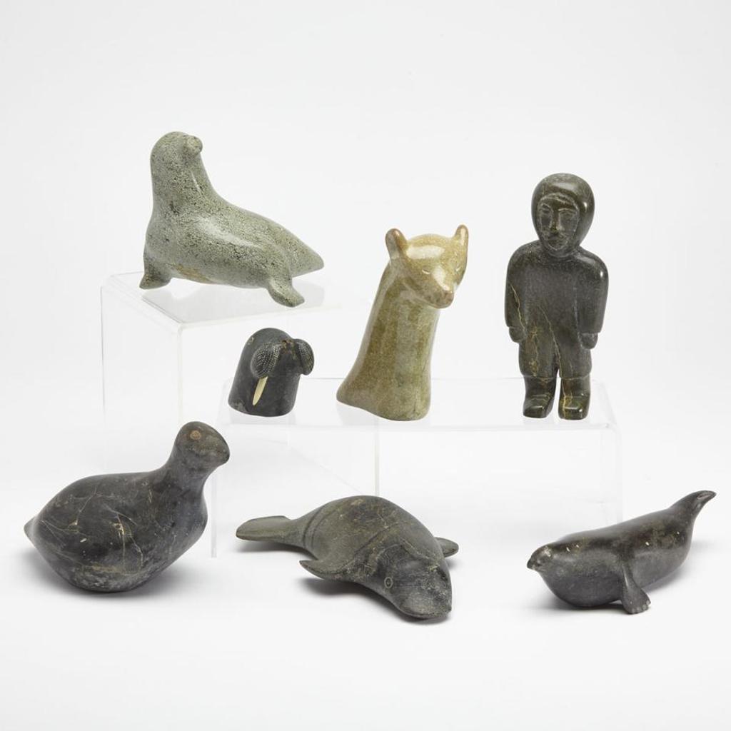Sarah Tookalook (1958) - Group Lot With Standing Inuk And Arctic Animals