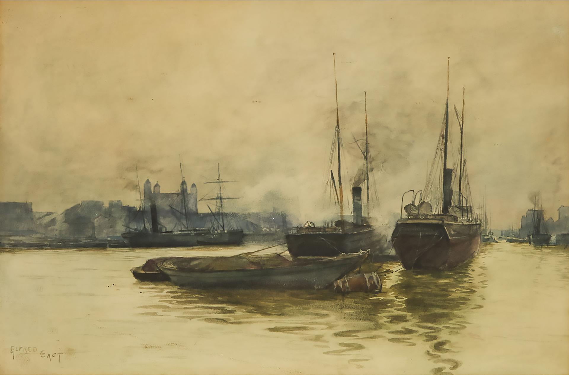 Sir Alfred East (1849-1913) - Boats At Rest In A City Harbour
