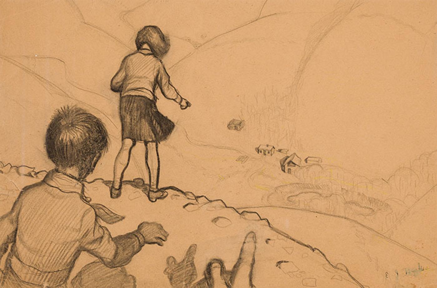 Edward John (E. J.) Hughes (1913-2007) - Children Looking Over a Cliff