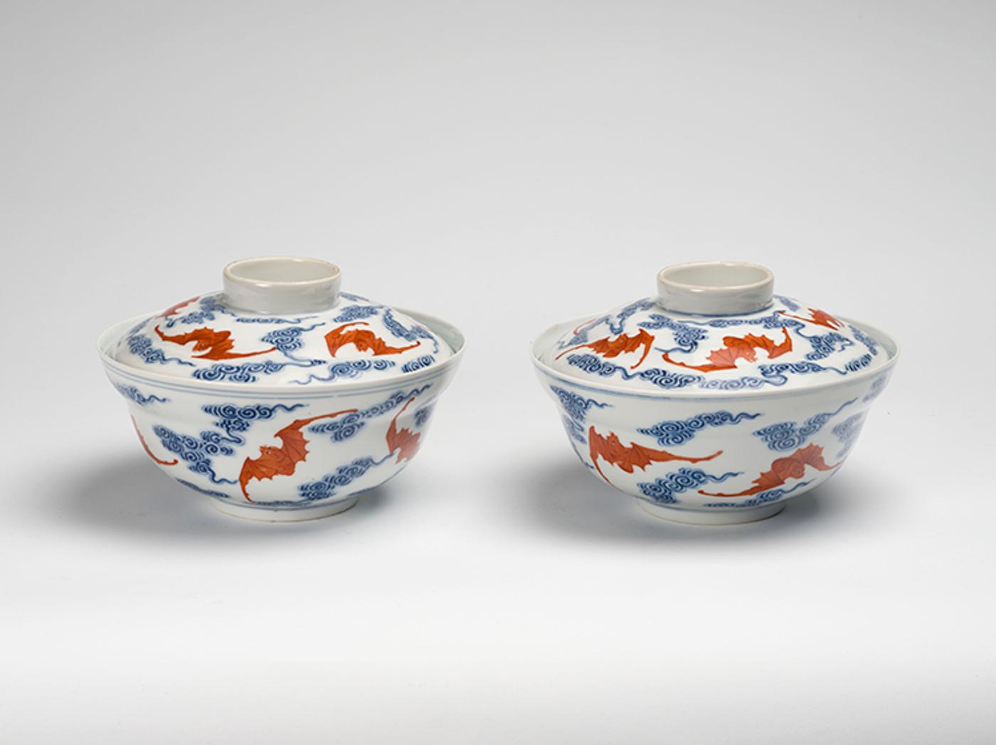 Chinese Art - A Pair of Chinese Blue, White and Iron Red 'Wufu' Ogee Bowls and Cover, Guangxu Mark and Period (1875-1908)