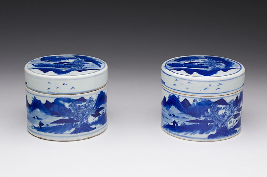 Chinese Art - A Pair of Blue and White ‘Landscape’ Covered Boxes, 19th Century