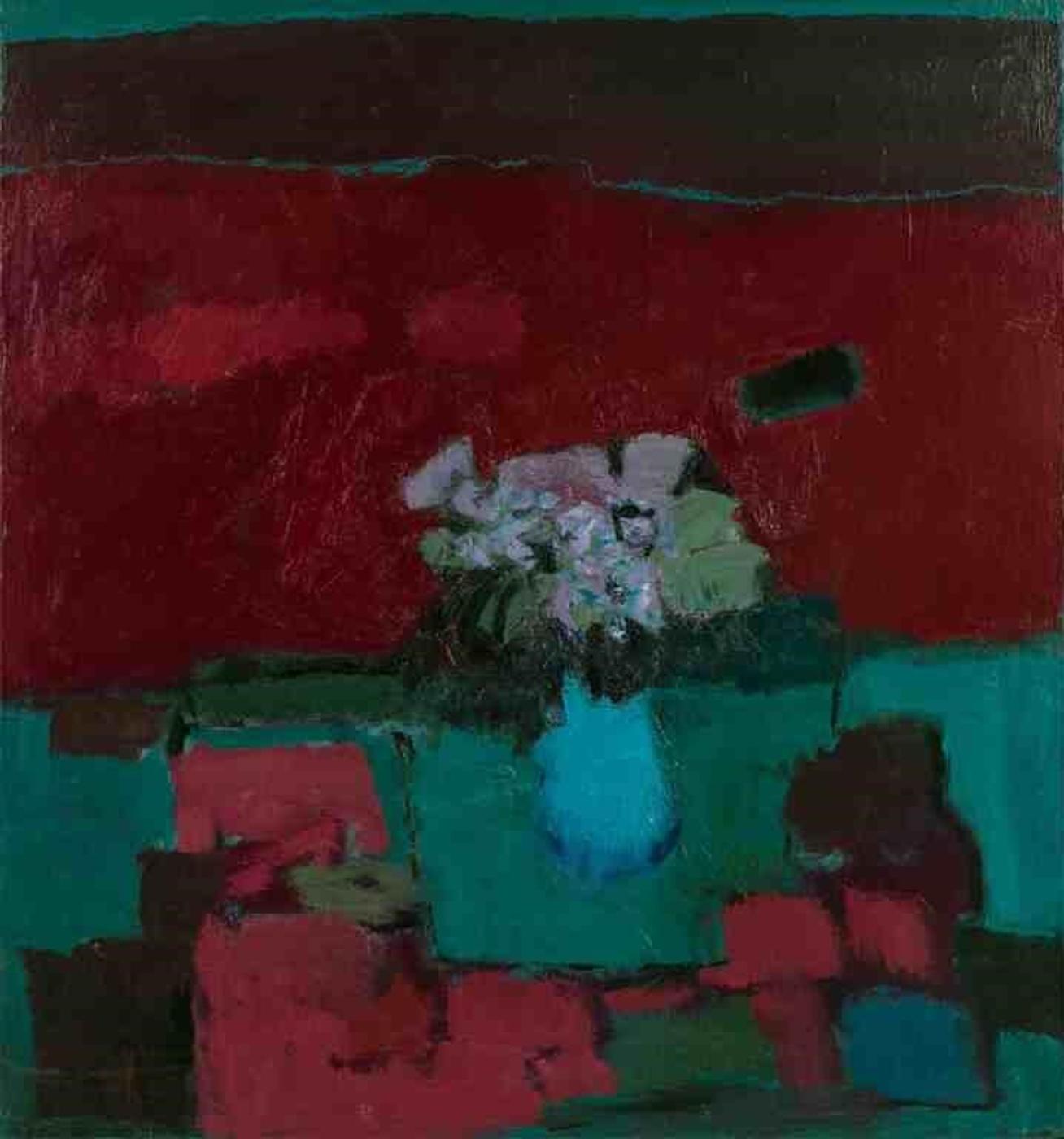 Jennifer Hornyak (1940) - Flowers on Red Ground, Green & Blue (2006)