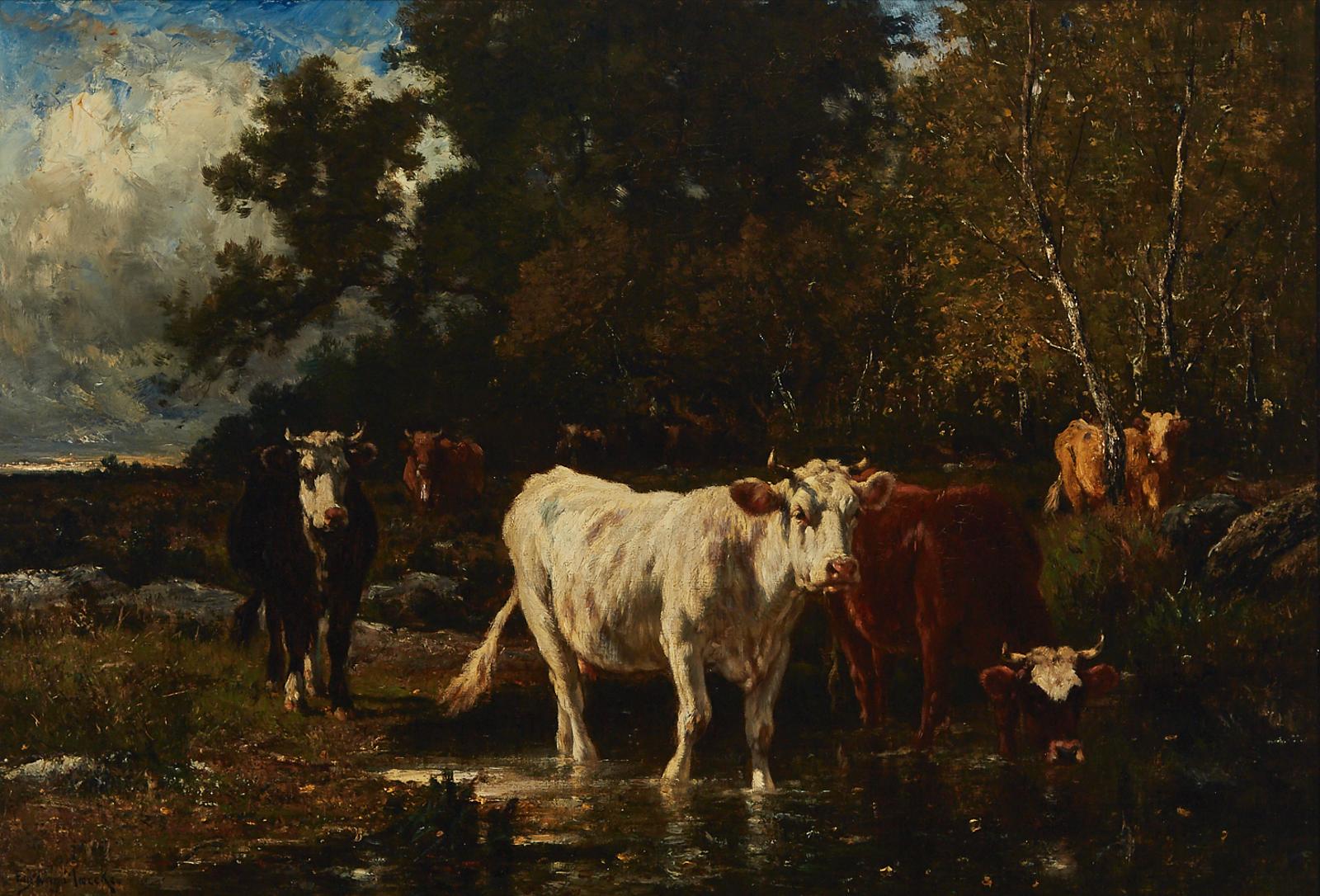 Emile van Marcke de Lummen (1827-1890) - Cows Drinking In A Shaded Pool