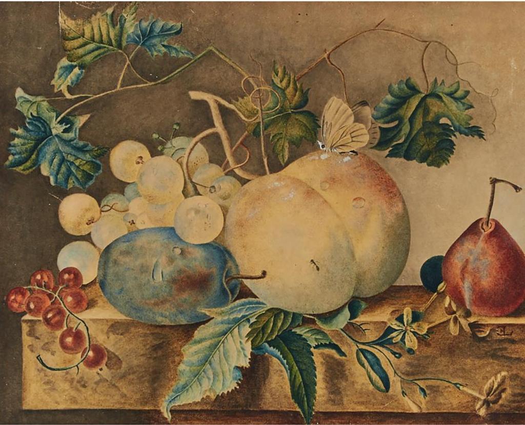 Edward Ladell (1821-1886) - Still Life Of Fruit On A Ledge With Grapes, A Plum, A Peach And Morning Glories With A Butterfly And An Ant