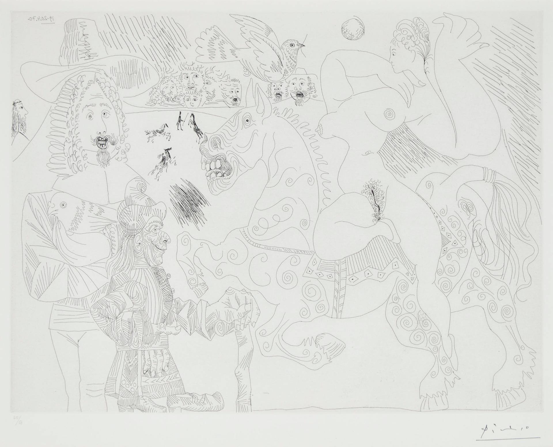 Pablo Ruiz Picasso (1881-1973) - Dressage Au Cirque, Avec, Au Premier Plan, Ecuyère, Magicien, Fauconnier Et La Colombe De Noé, From La Serie 156, 1970 [b. 1891; Ba. 1897]