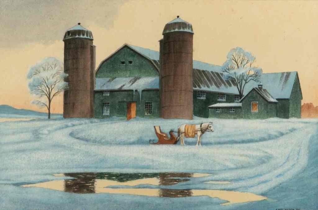 Percy Roy Wilson (1900-2001) - A winter scene with barn and horse drawn sleigh