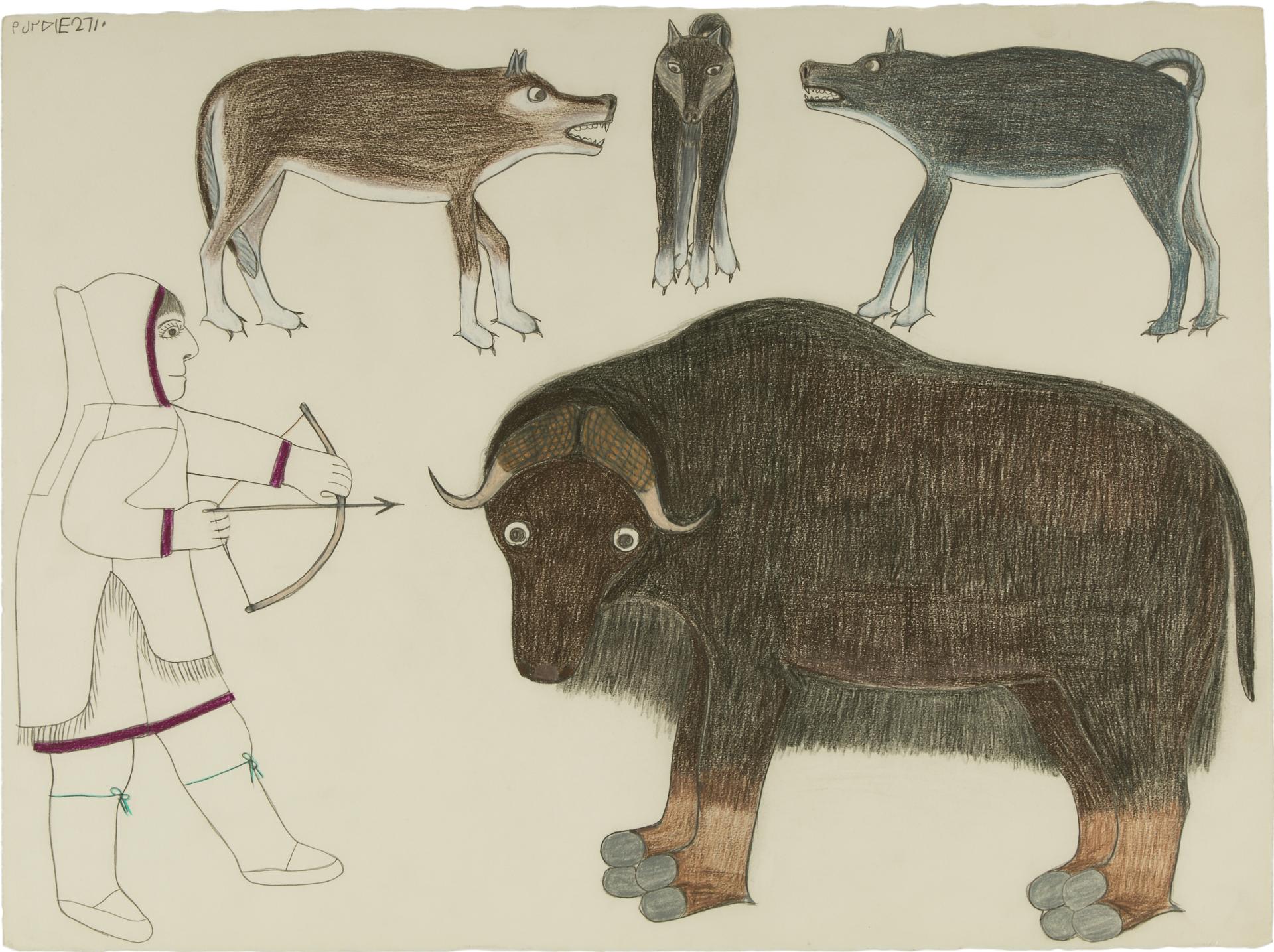 Janet Kigusiuq (1926-2005) - Hunter With Wolves And Prey