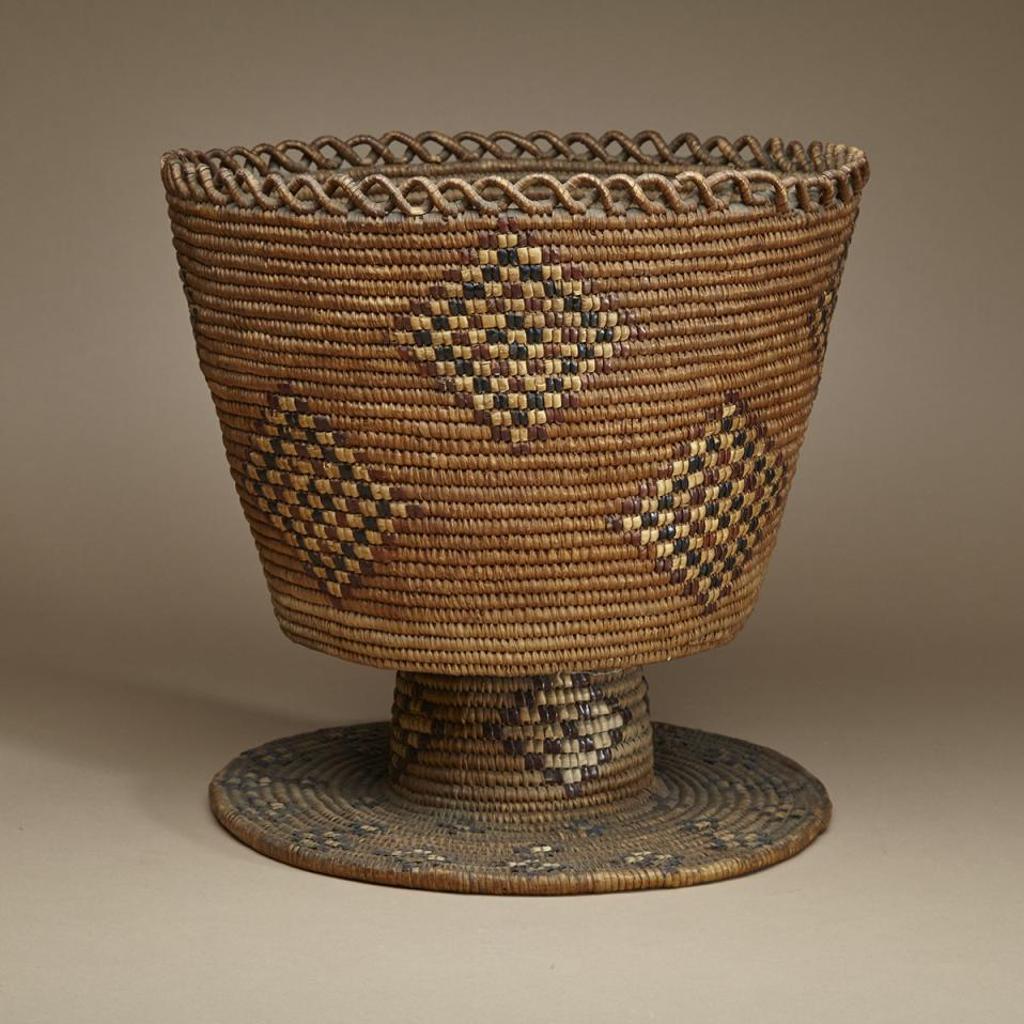 Salish - Open Coiled Pedestal Basket Decorated With Rhombus And Geometric Motifs
