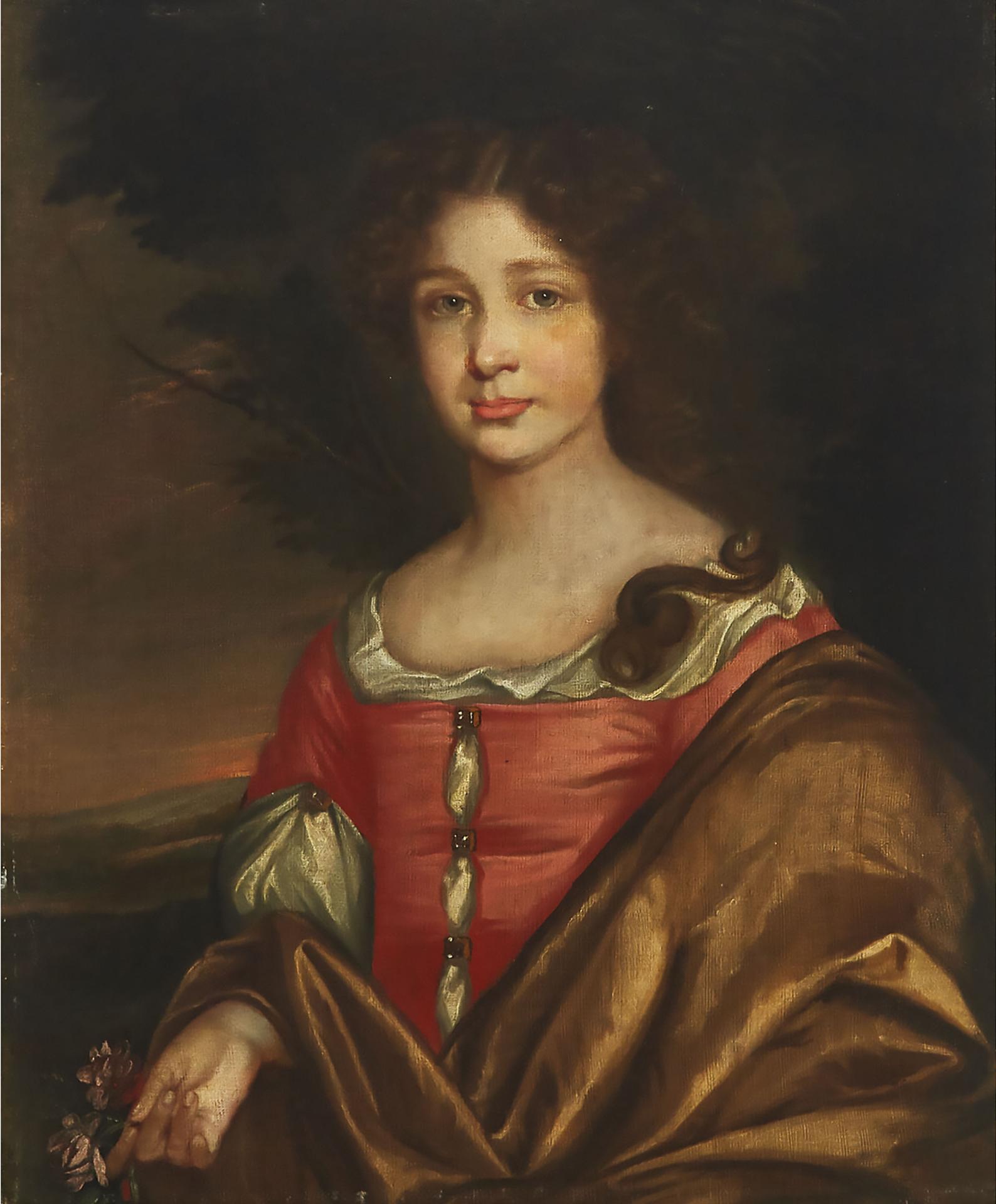 Follower of Sir Peter Lely (1618) - Portrait Of Lady Ann Howard (In A Red Dress, With A Brown Wrap, Holding A Flower) Circa 1666-1675