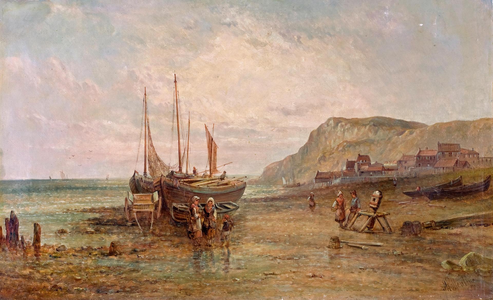 Alfred Pollentine (1836-1890) - Beached fishing boats, low tide.