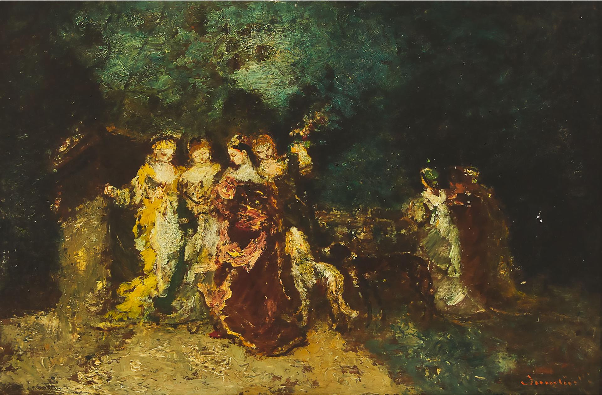Adolphe Joseph Thomas Monticelli (1824-1886) - Elegant Ladies And Their Dogs In A Parkland