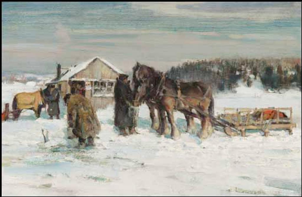 Peleg Franklin Frank Brownell (1857-1946) - Winter, Feeding the Horses / Landscape (verso)