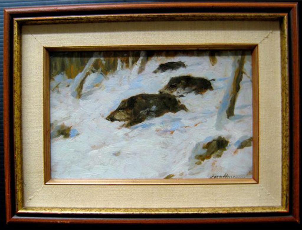 Christoffer Drathmann (1856-1932) - Wild Boars Running Through Winter Woodland
