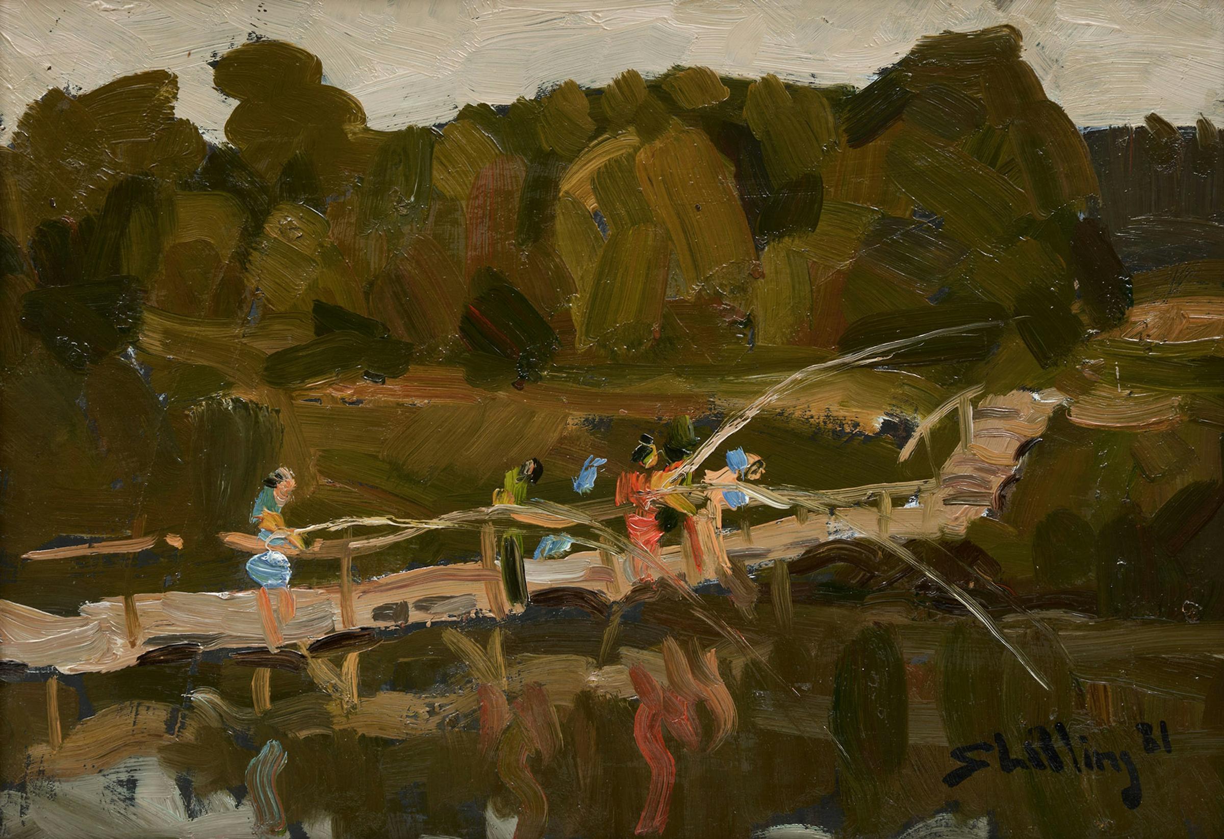 Arthur Shilling (1941-1986) - Fishing on a Bridge