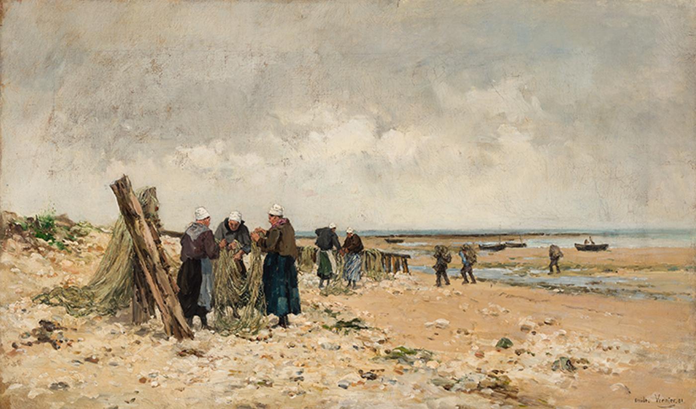 Emile Louis Vernier (1829-1887) - Mending Nets on the Beach