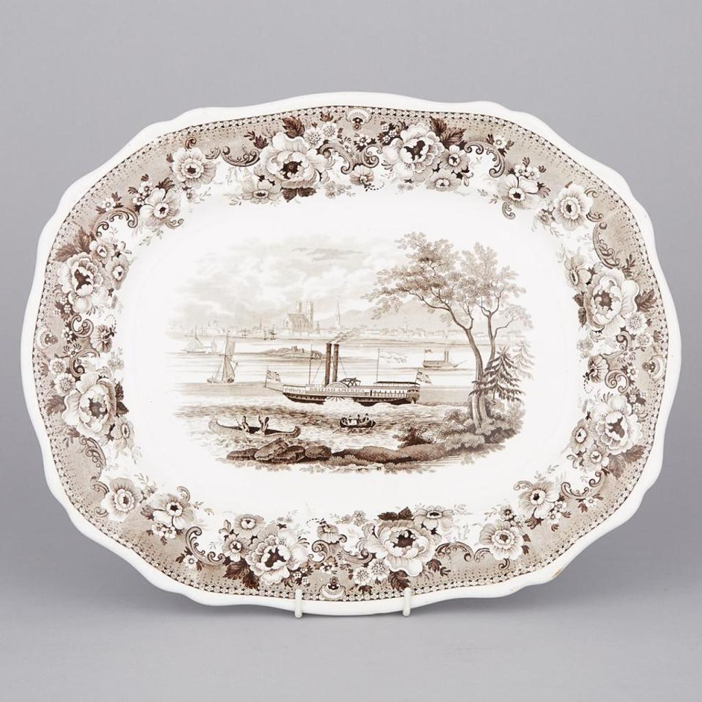Davenport 'Montreal' Oval Platter - printed in brown with a view of Montreal from St. Helen's Island on the centre, the steamboat 'British America' prominent in the foreground