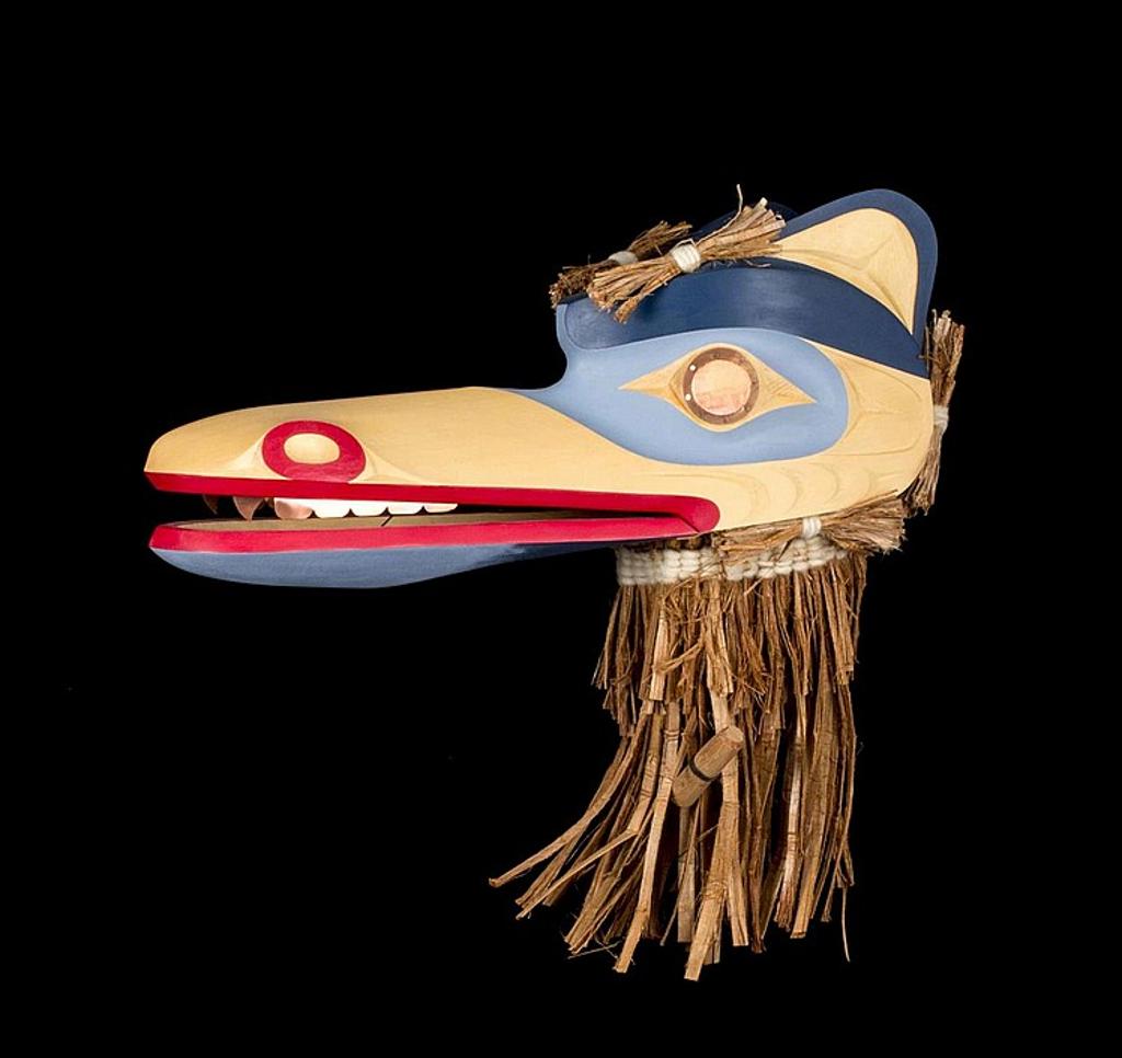 Jody Broomfield - a carved and polychromed cedar wolf mask with articulate jaw
