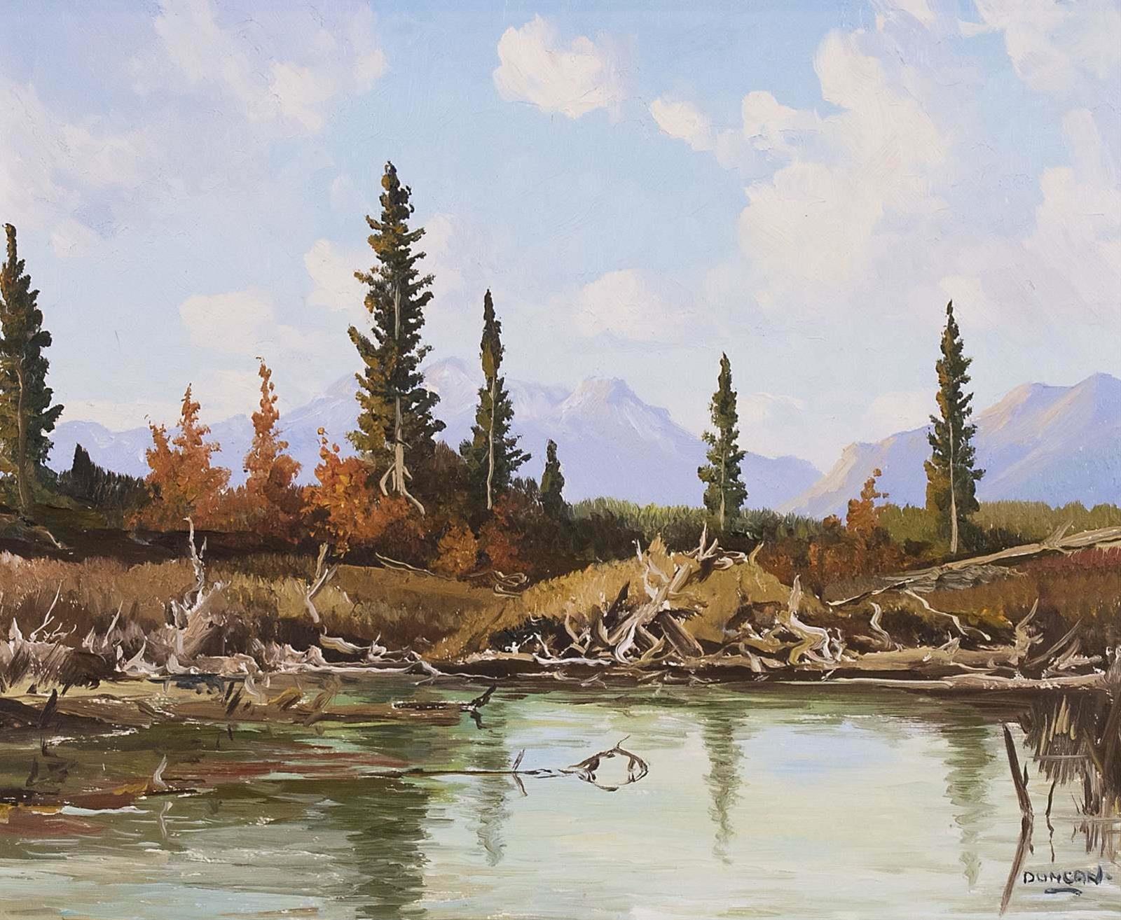 Duncan Mackinnon Crockford (1922-1991) - Autumn Riverbank With Distant Mountains