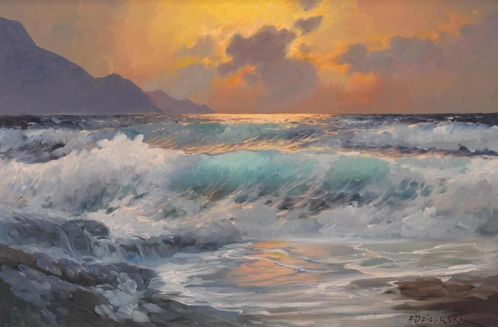 Alexander Dzigurski (1911-1995) - Crashing Waves As Sunset