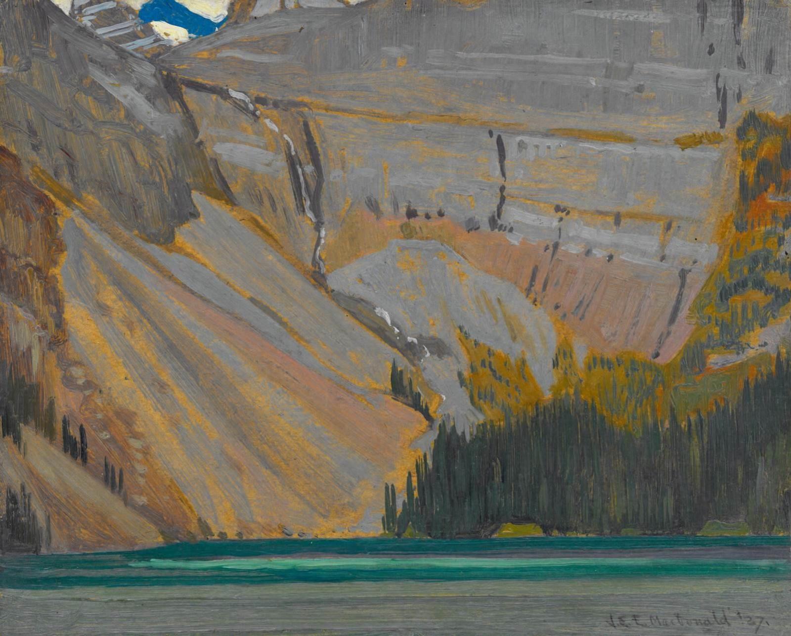 James Edward Hervey (J.E.H.) MacDonald (1873-1932) - Cliffs And Mountain Lake; 1927
