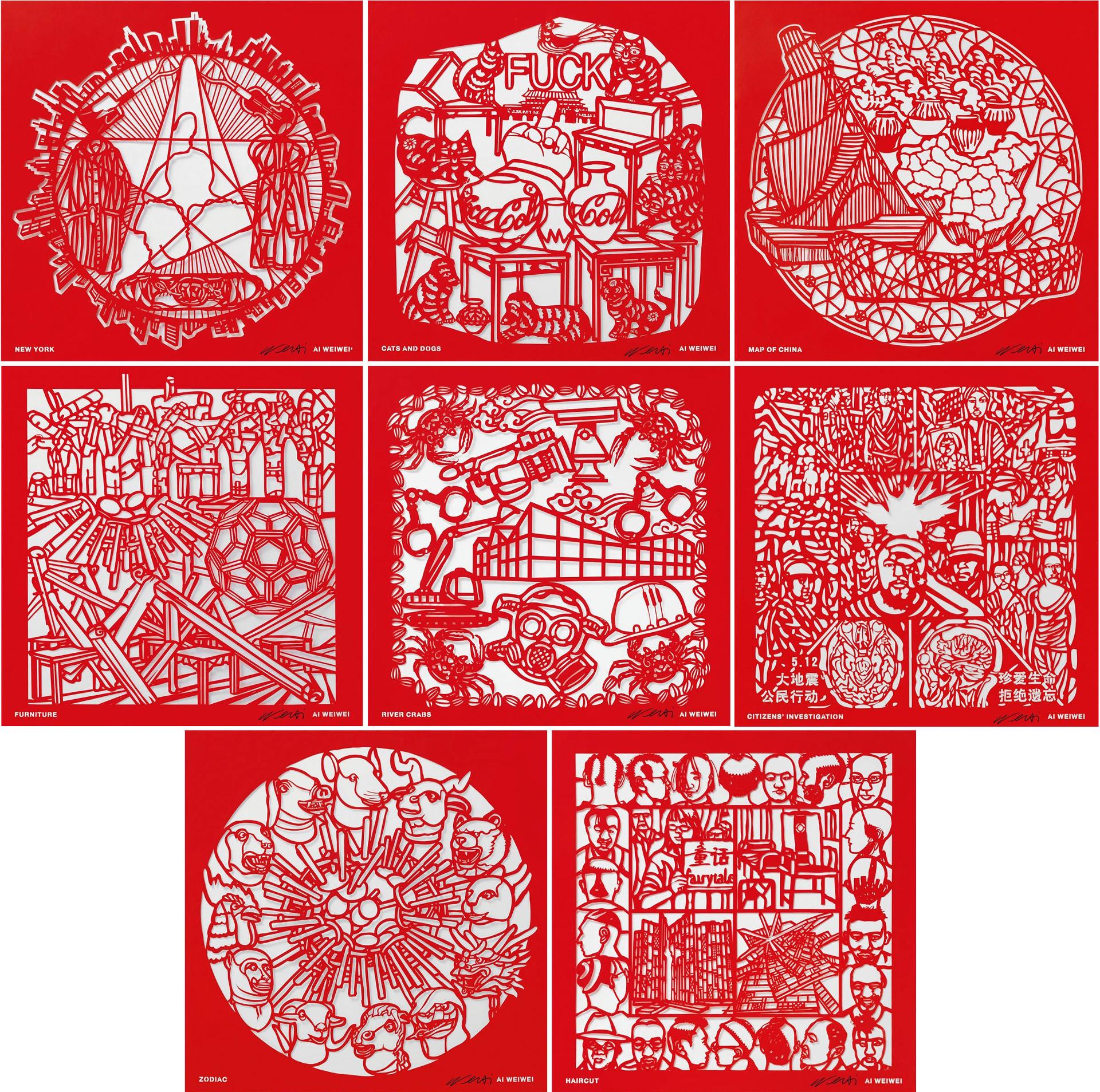 Ai Weiwei (1957) - The Papercut Portfolio (New York, Cats And Dogs, Map Of China, Furniture, Haircut, Citizens Investigation, River Crabs, Zodiac), 2019