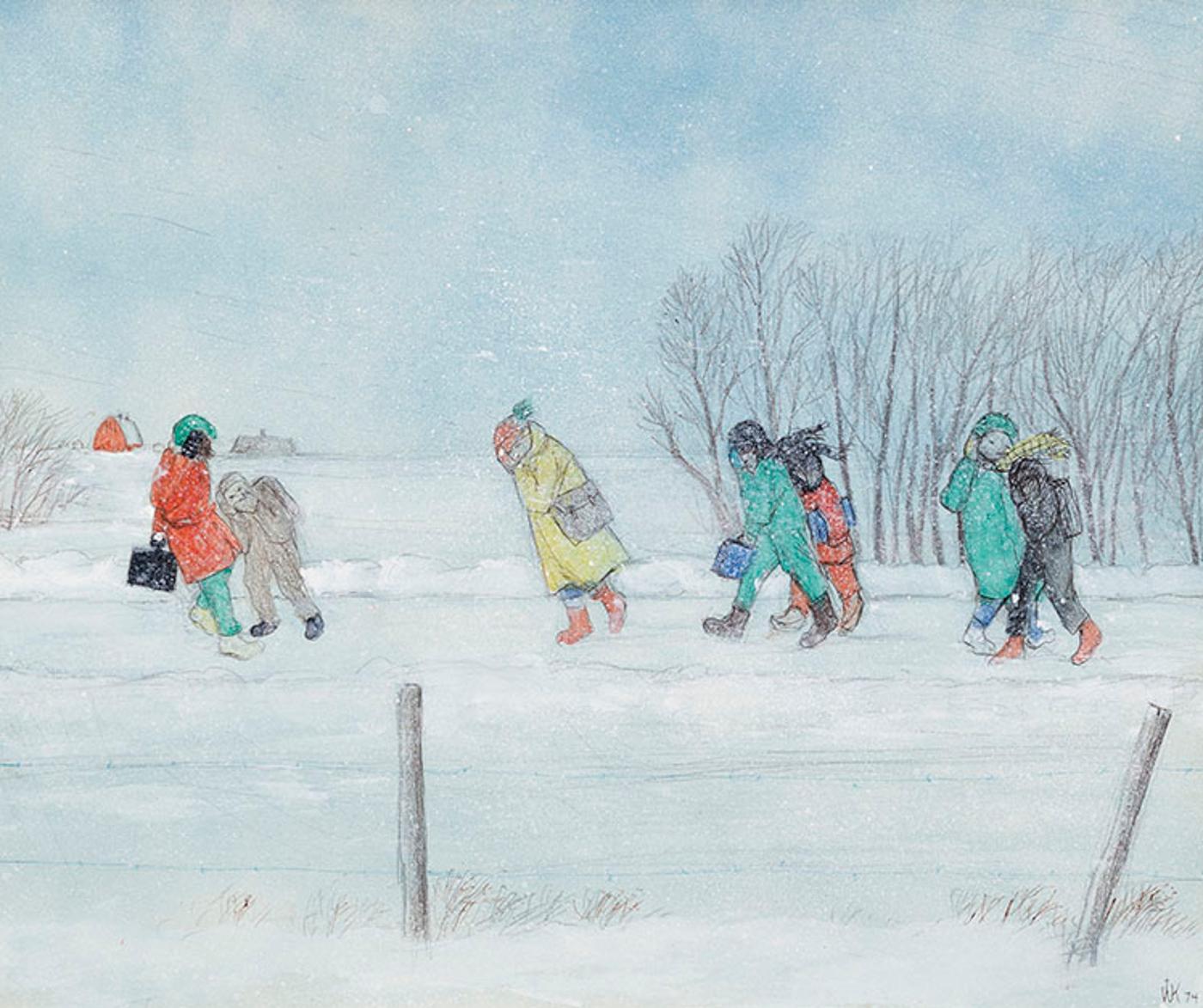 William Kurelek (1927-1977) - Prairie School Children Bucking the Winter Wind