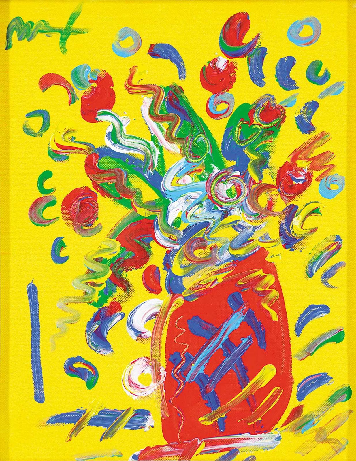 Peter Max (1937) - Untitled - Flowers in a Red Vase with a Yellow Background