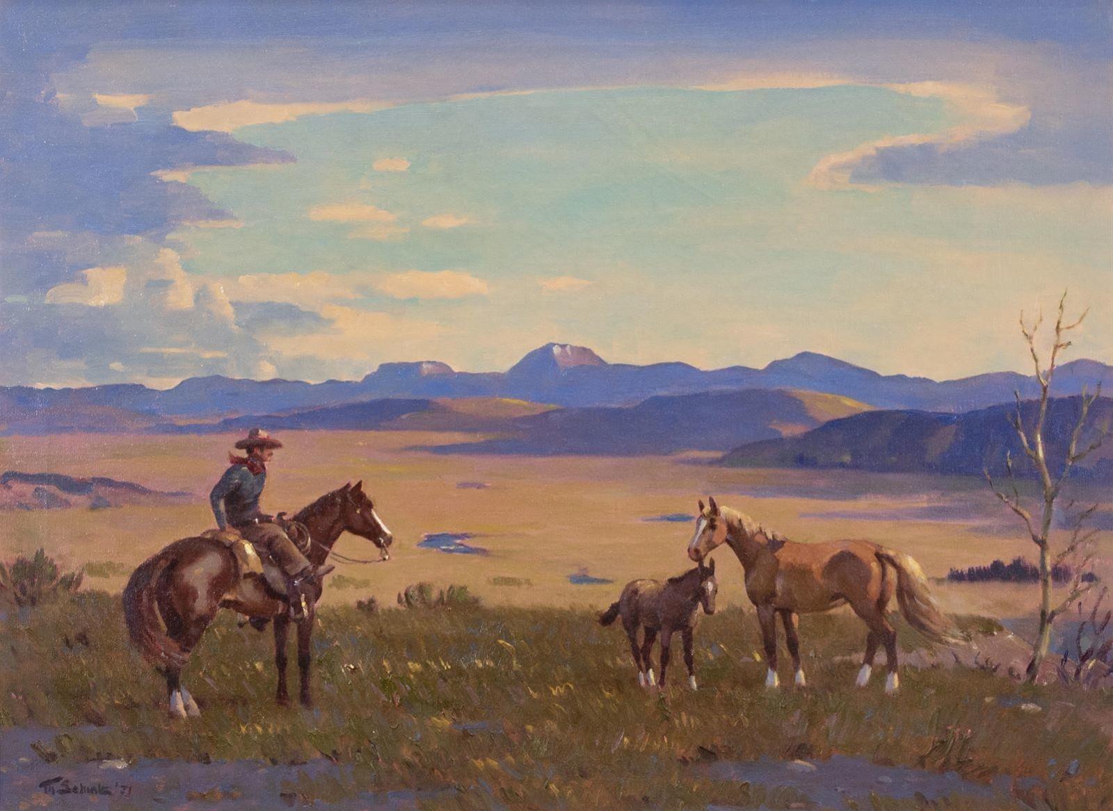 Theodor Marie Ted Schintz (1904-1975) - Cowboy With Horses On The Open Range; 1971