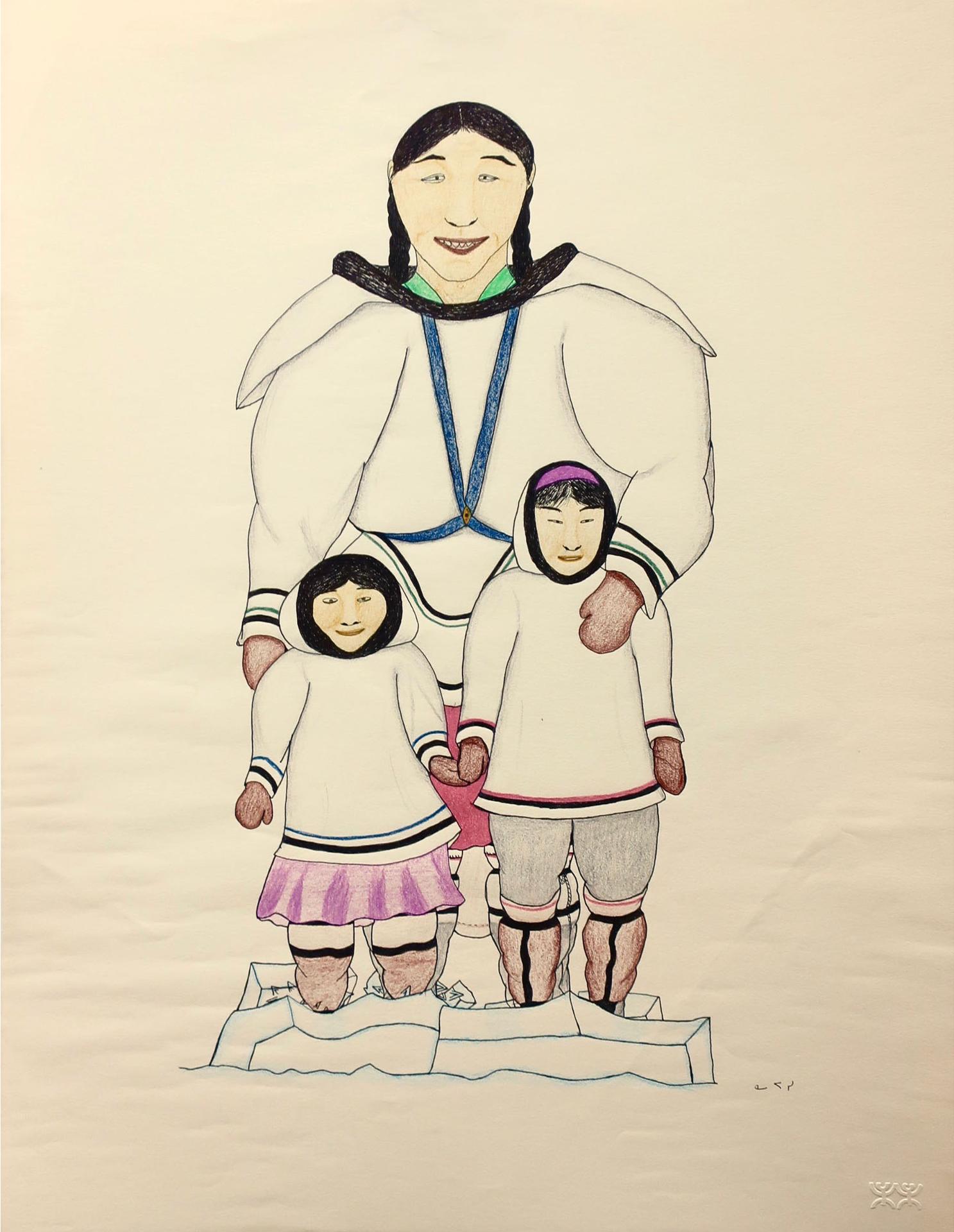 Napatchie Pootoogook (1938-2002) - Napachie And Her Two Children