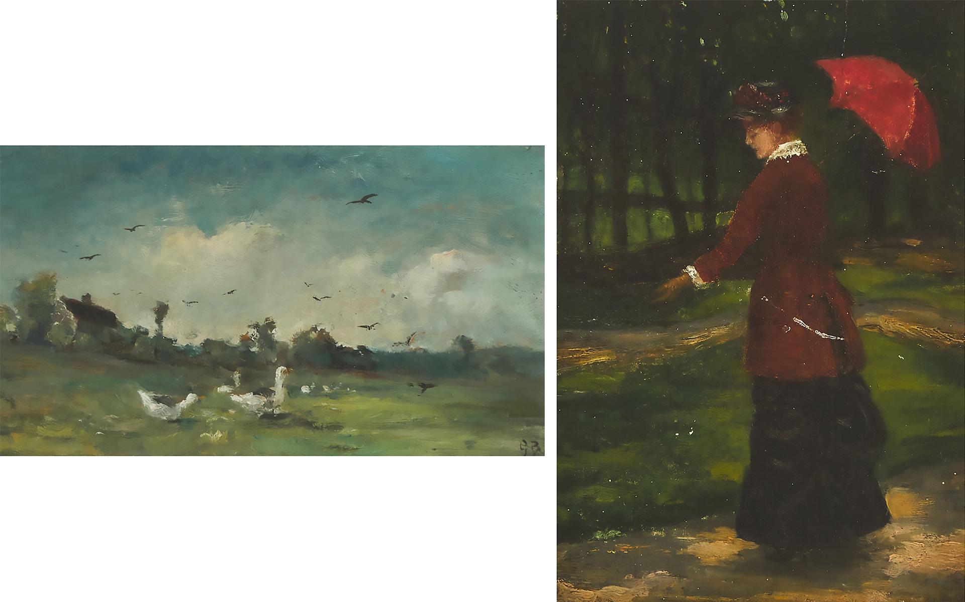 George A. Boyle (1826) - Geese & Crows, Frog Island, Catford; Lady With A Parasol