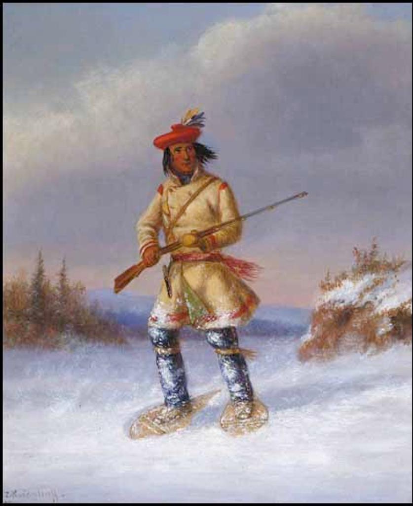 Cornelius David Krieghoff (1815-1872) - Indian Trapper with Red Feathered Cap in Winter