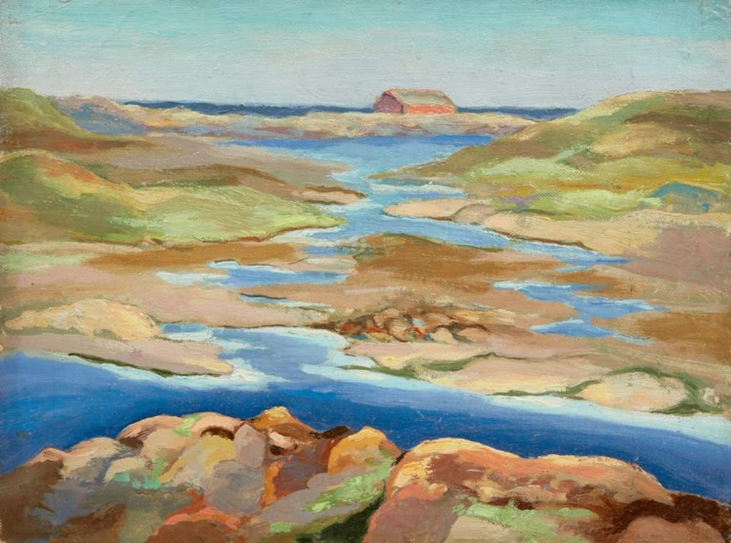 Aleen Elizabeth Aked (1907-2003) - Streams, Pools and Red Barn (Low Tide); Stormy Seas Off a Rocky Coast; Horse Grazing on Rolling Hills; Summer View