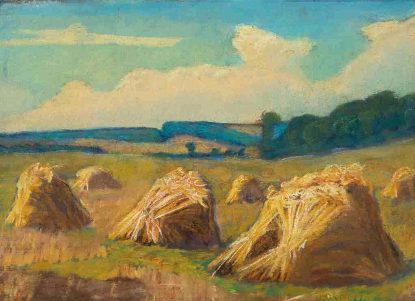 Alfred Ernest Mickle (1869-1966) - Harvest on Alton, Ont. (1944)