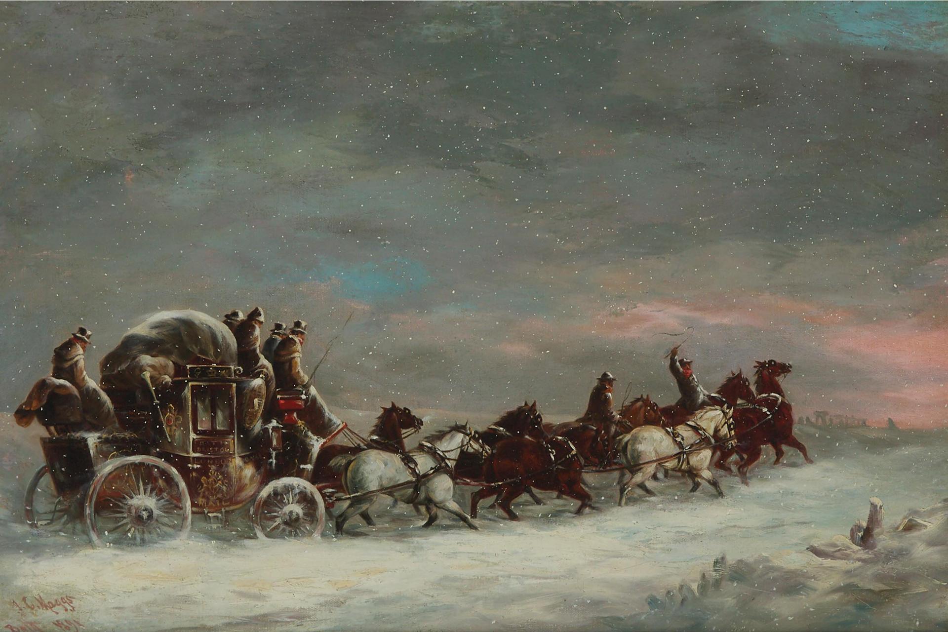 John Christian Charles Maggs (1819-1895) - The Bristol, Bath To London Coach (In A Blizzard), 1891