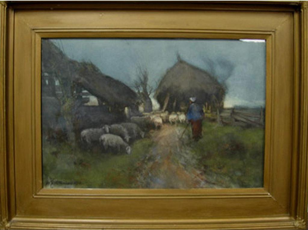 William Edwin Atkinson (1862-1926) - Shepherd And Flock By Farm