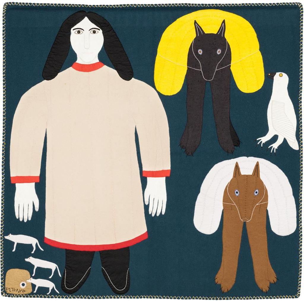 Janet Kigusiuq (1926-2005) - Untitled (Young Woman and Pack Dogs), c. 1990, wool duffel