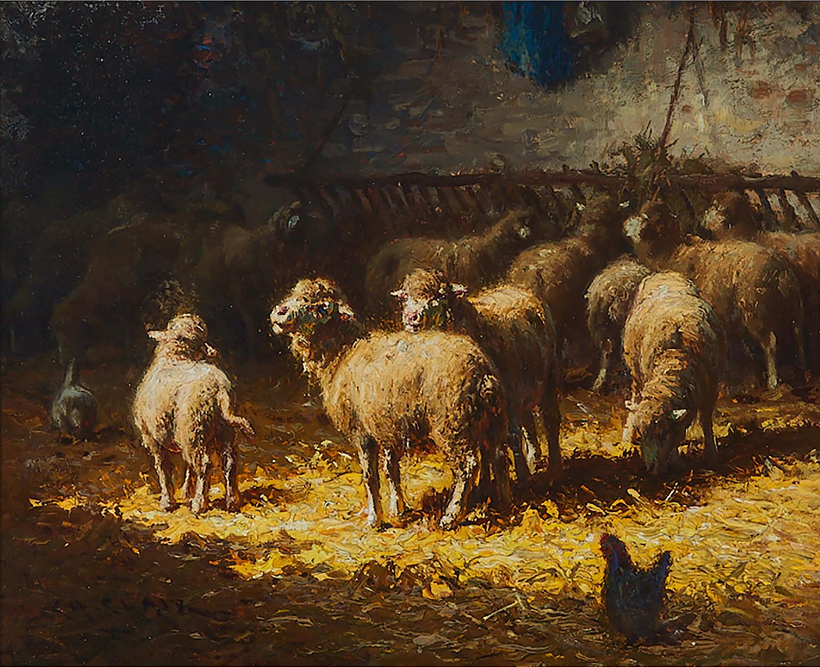Charles H. Clair (1860-1930) - Sheep And Poultry In A Barn