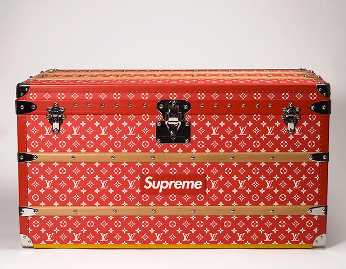 Louis Vuitton X Supreme - A LIMITED EDITION RED & WHITE MONOGRAM MALLE COURRIER 90 TRUNK WITH SILVER HARDWARE BY SUPREME