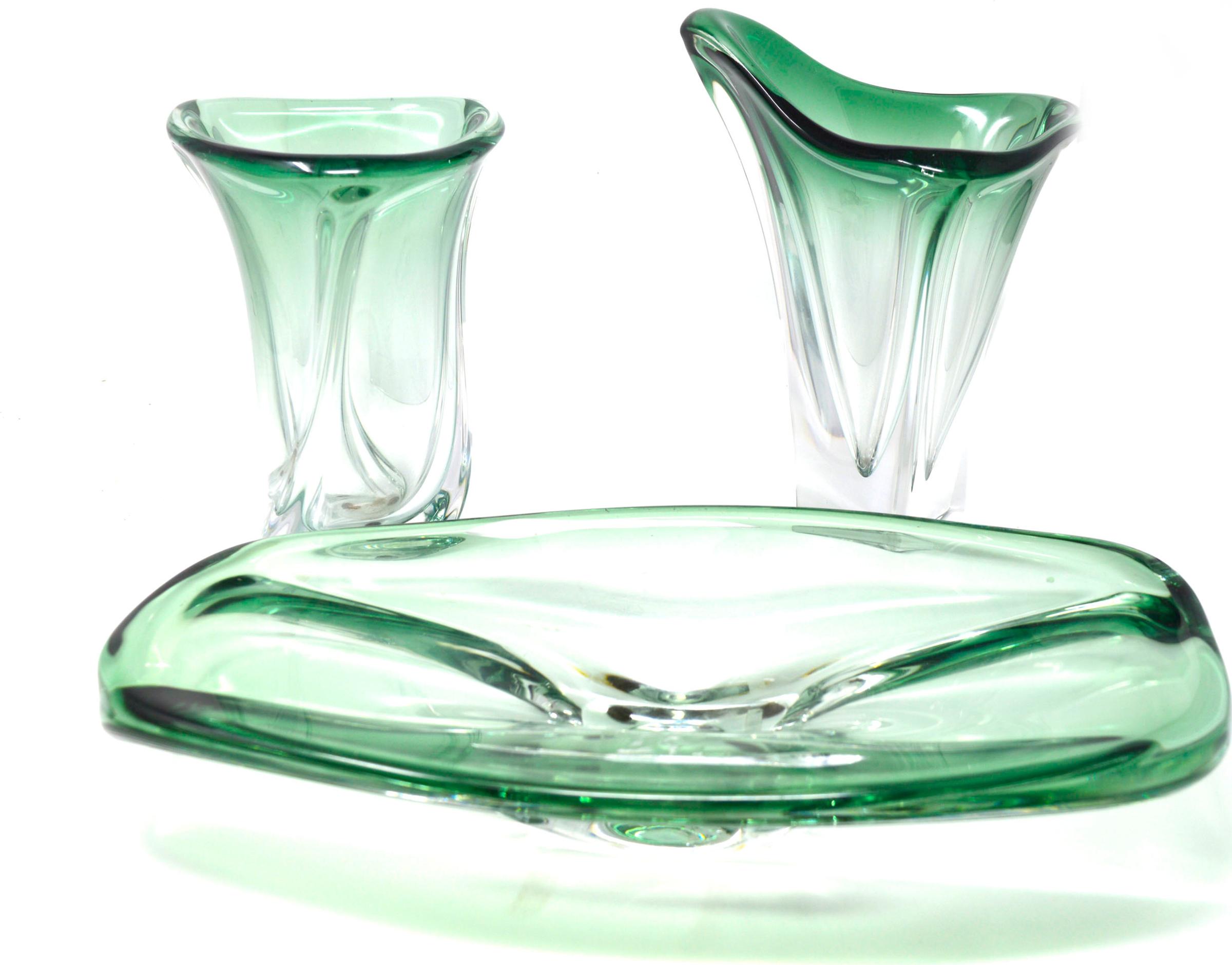 Val Saint Lambert - ensemble de 3 articles Mid Century Modern en verre émeraude à cristal soufflé