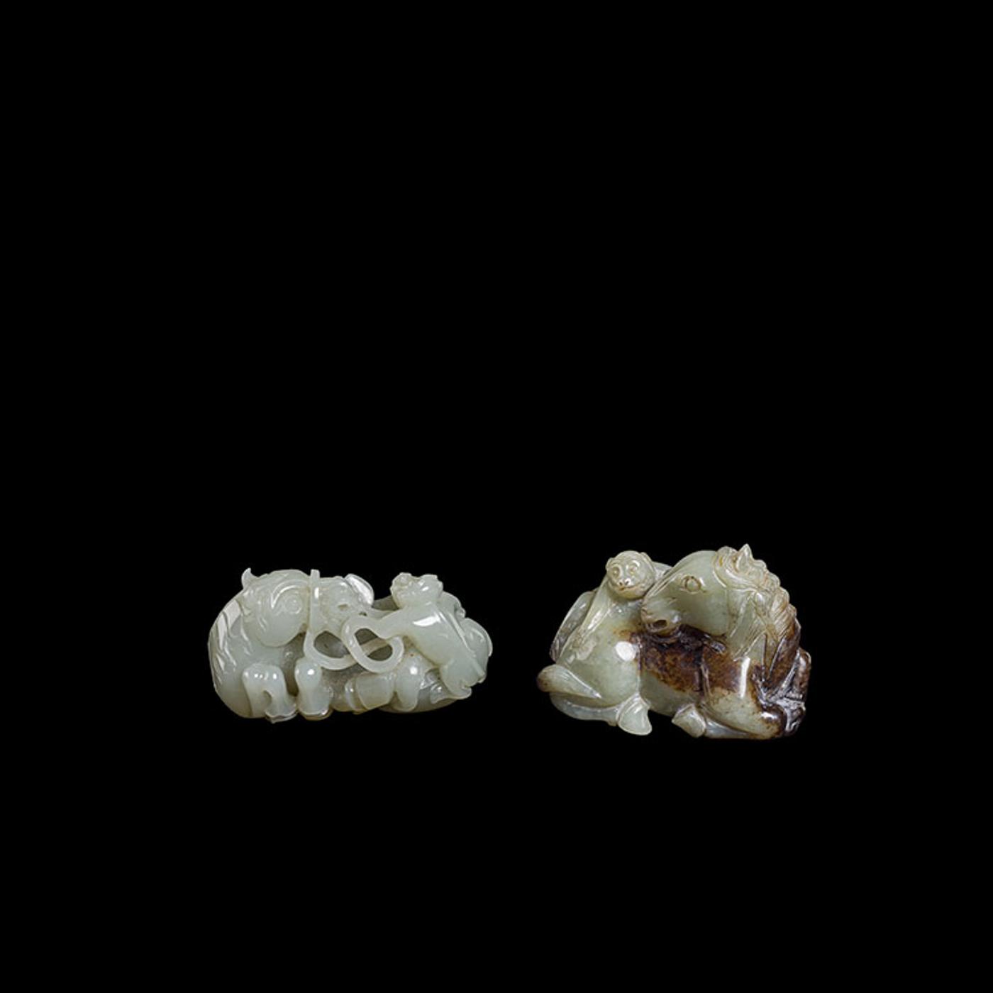 Chinese Art - Two Chinese Jade Carved ‘Horse and Monkey’ Groups, 20th Century