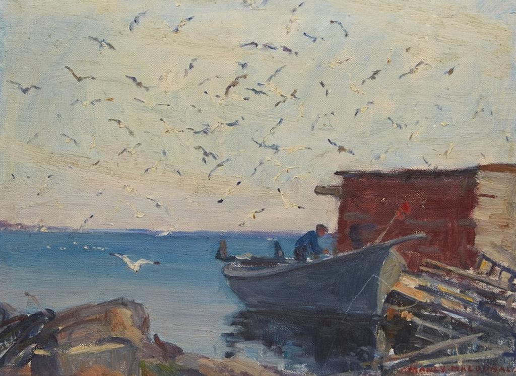Manly Edward MacDonald (1889-1971) - Fisherman, Dory and Gulls at Wharf
